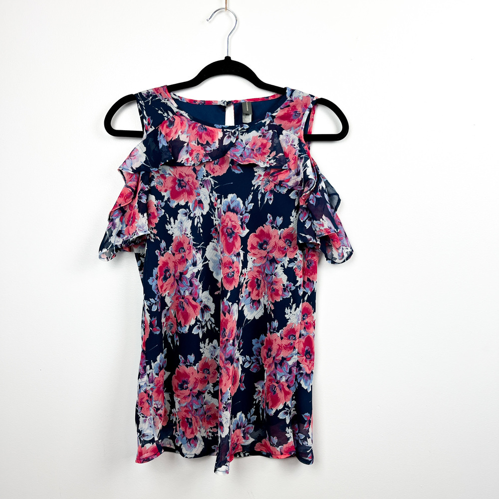 DenverHayes Short Sleeve Cold Shoulder Blue & Pink Floral Blouse